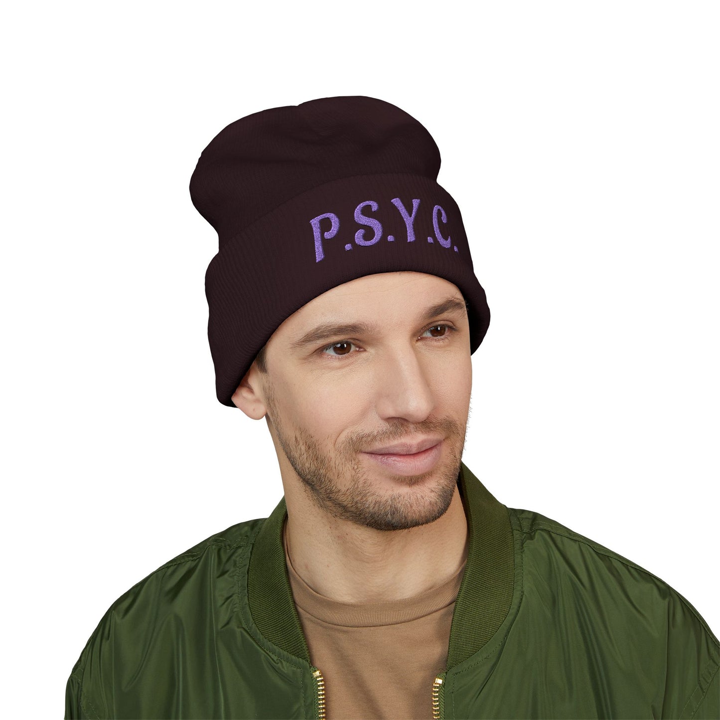 P.S.Y.C. Embroidered Cuffed Beanie — Purple Lettering Winter Hat