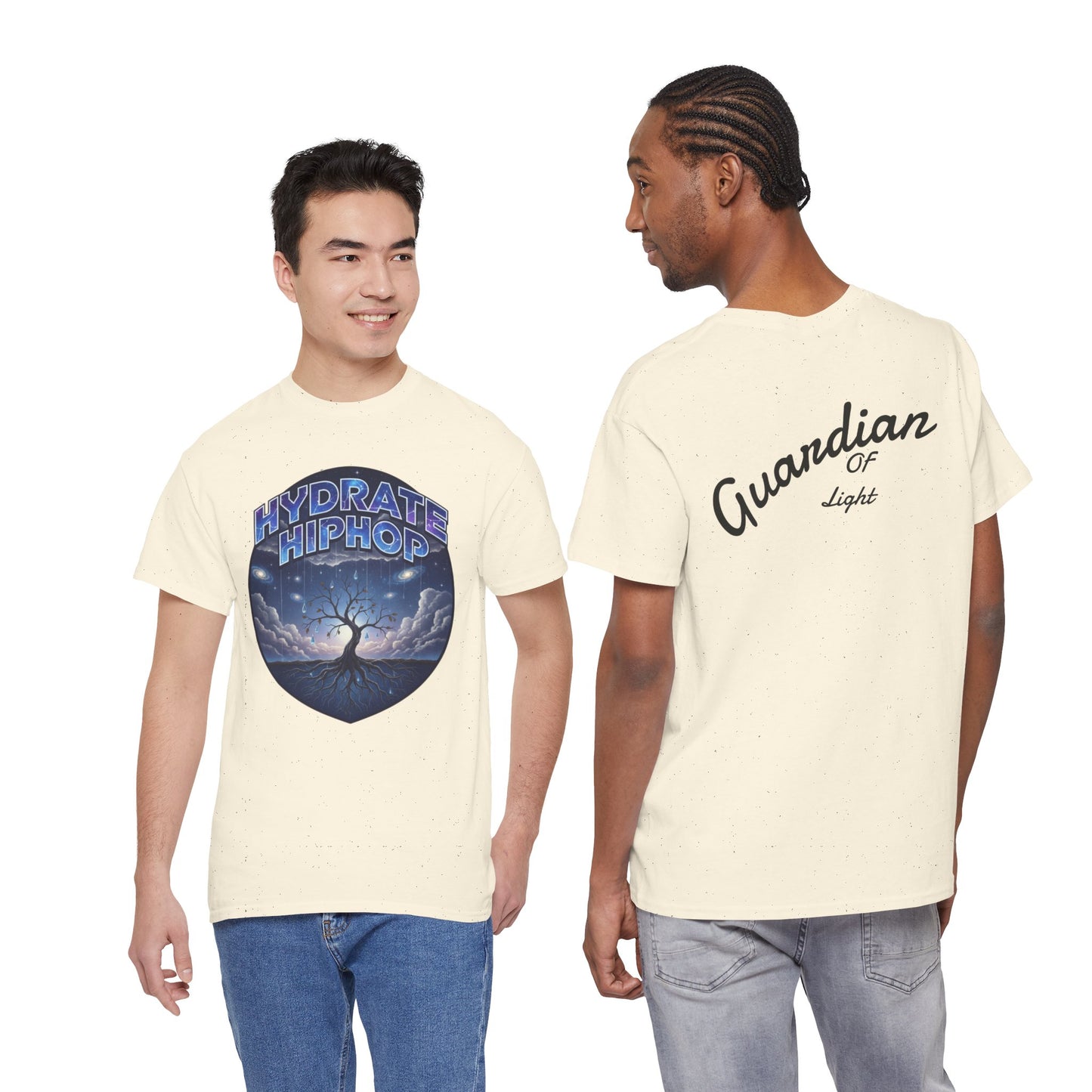 Hydrate Hip Hop Tee — 'Hydrate HipHop' Night Sky Graphic T-Shirt (Guardian of Light on Back)