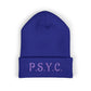 P.S.Y.C. Embroidered Cuffed Beanie — Purple Lettering Winter Hat