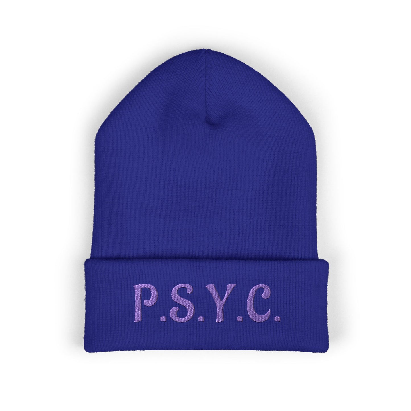 P.S.Y.C. Embroidered Cuffed Beanie — Purple Lettering Winter Hat