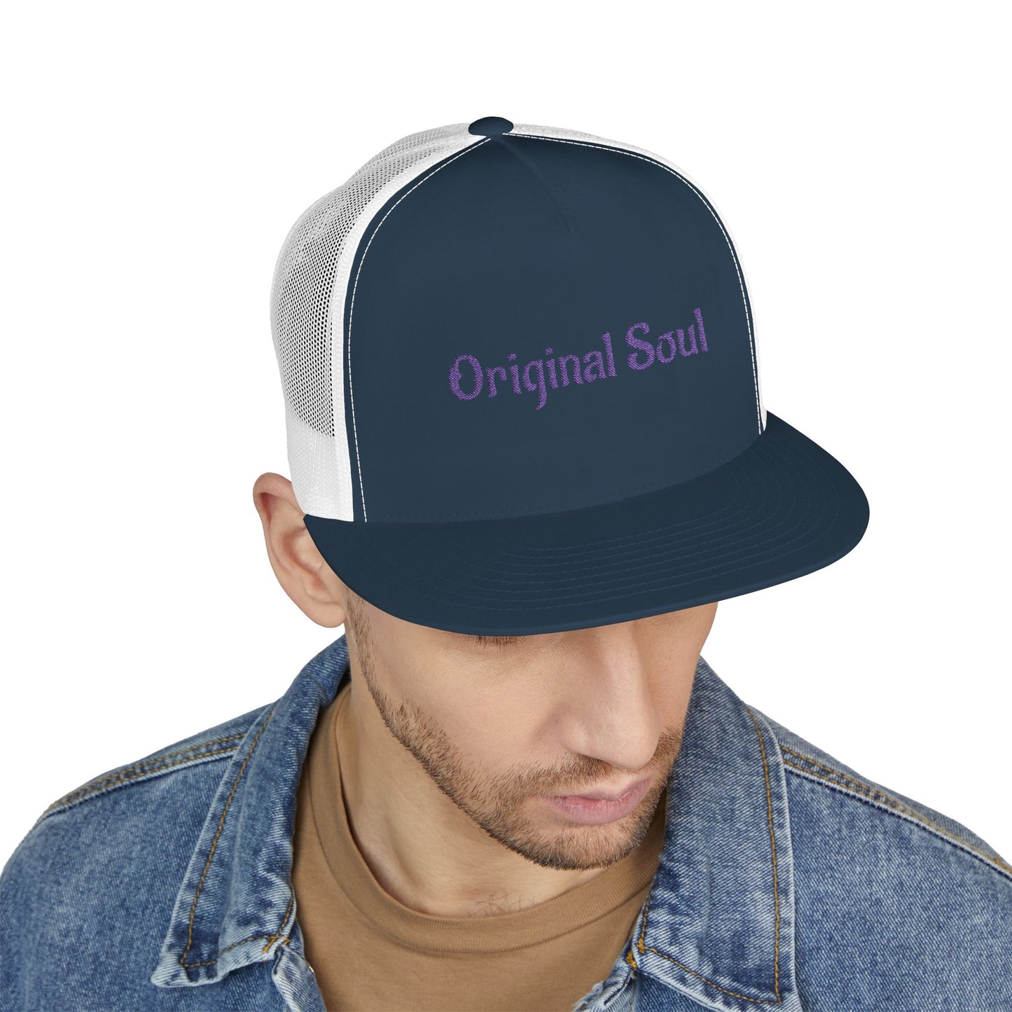 Original Soul Trucker Cap — Embroidered Purple Script Mesh Snapback