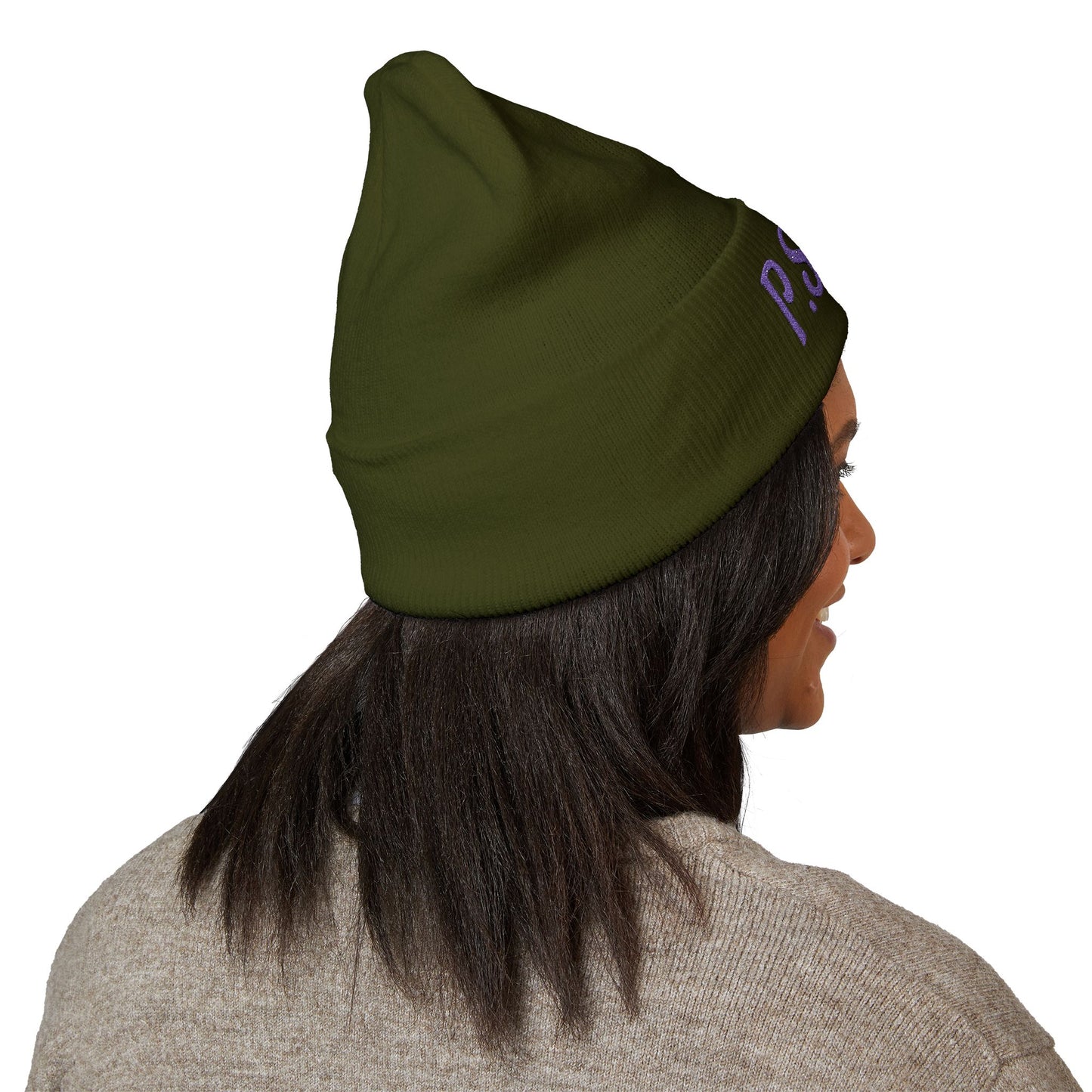 P.S.Y.C. Embroidered Cuffed Beanie — Purple Lettering Winter Hat