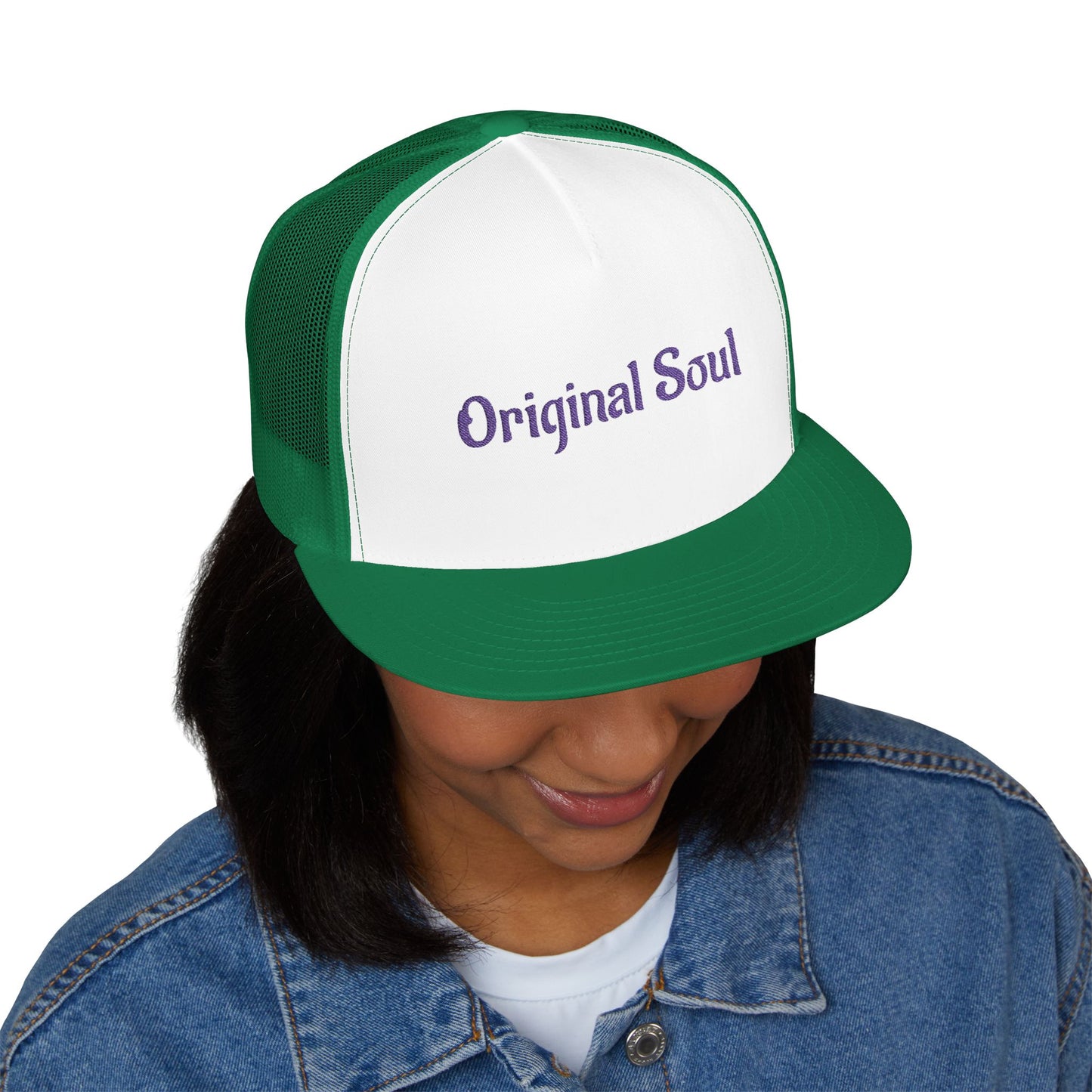 Original Soul Trucker Cap — Embroidered Purple Script Mesh Snapback