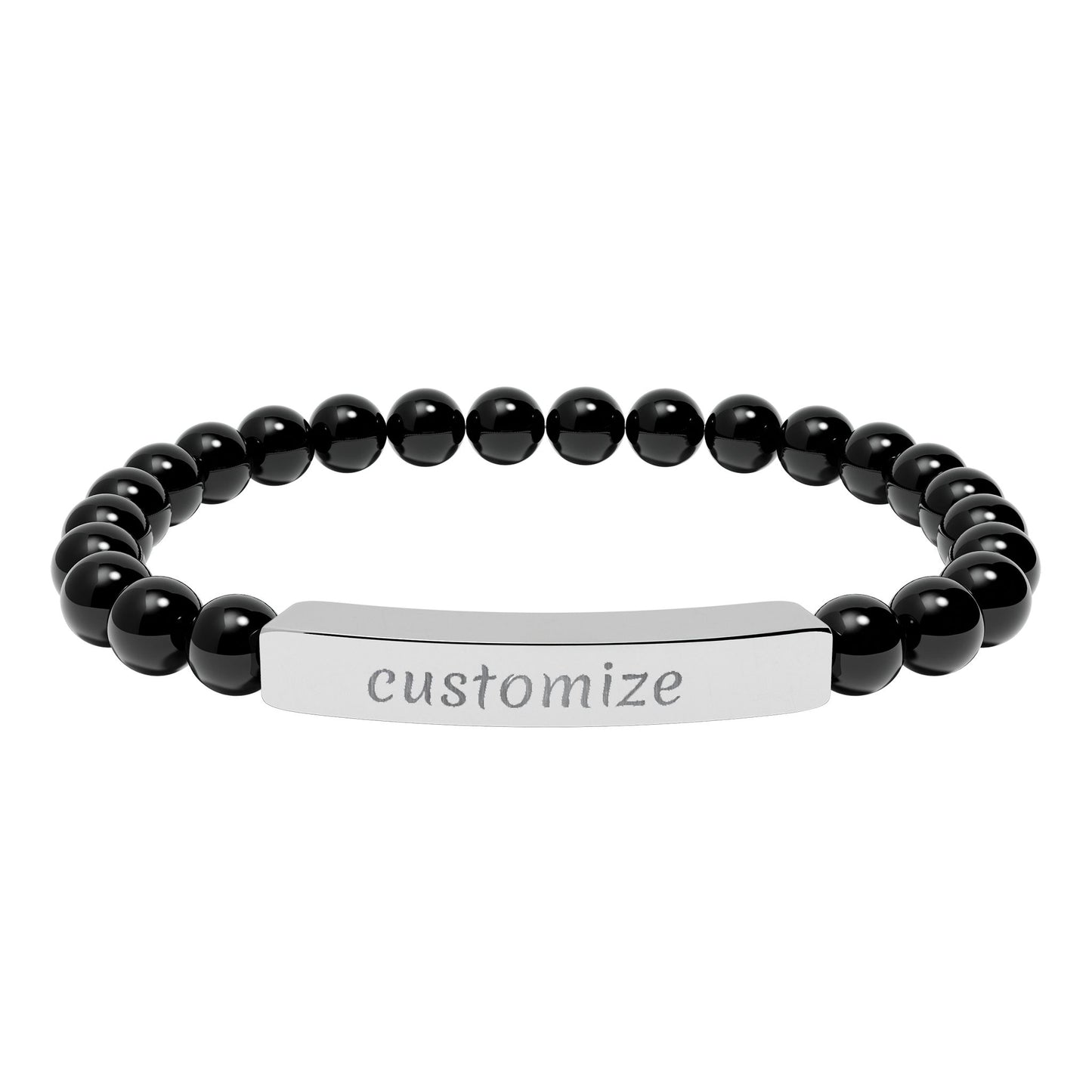 Custom Engraved Natural Stone Bar Bracelet — Personalized Stretch Beaded Bracelet