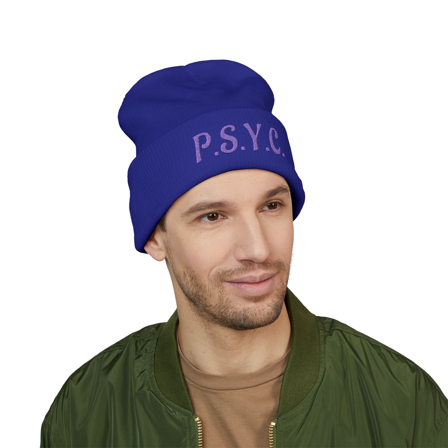P.S.Y.C. Embroidered Cuffed Beanie — Purple Lettering Winter Hat