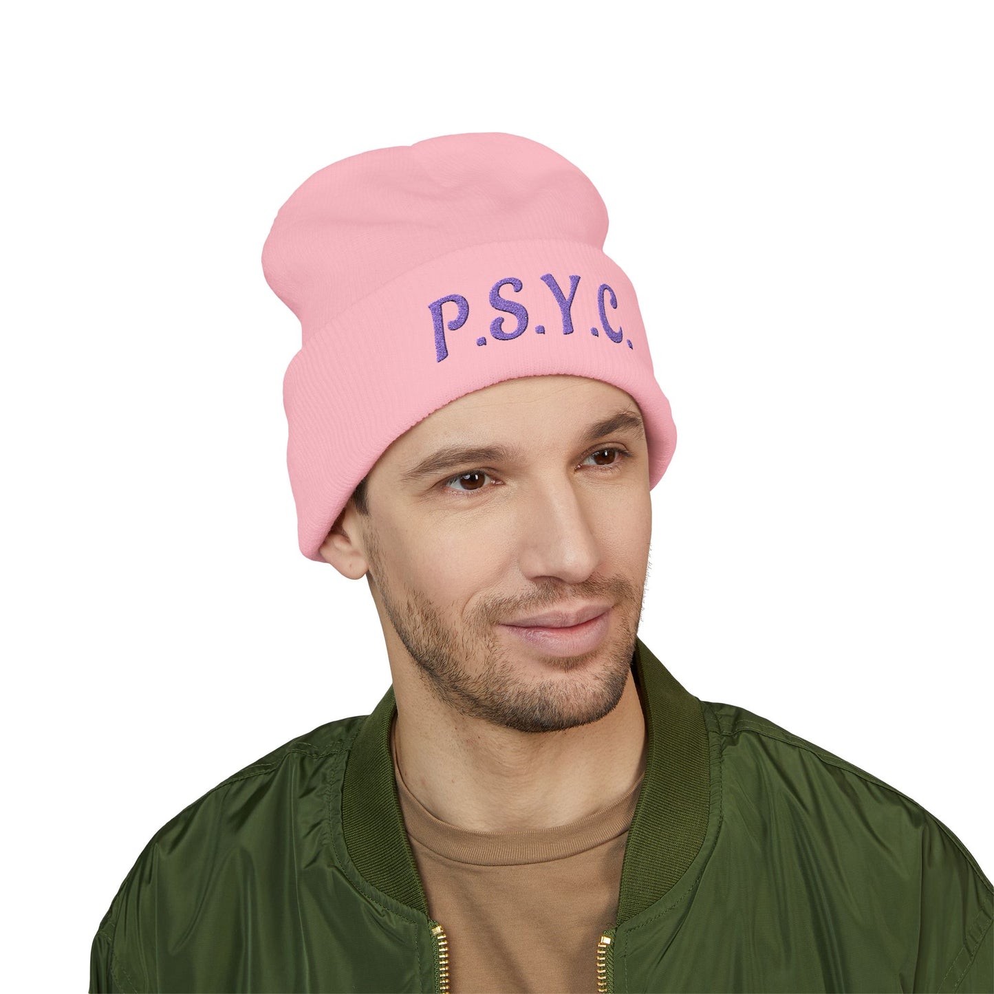 P.S.Y.C. Embroidered Cuffed Beanie — Purple Lettering Winter Hat