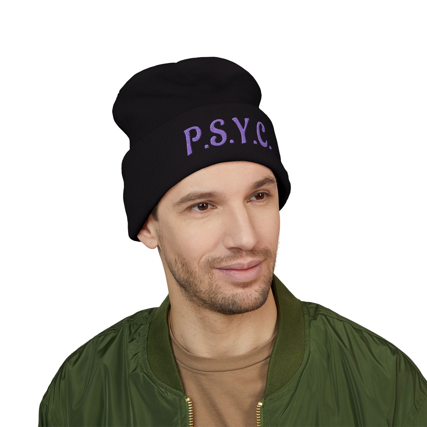 P.S.Y.C. Embroidered Cuffed Beanie — Purple Lettering Winter Hat