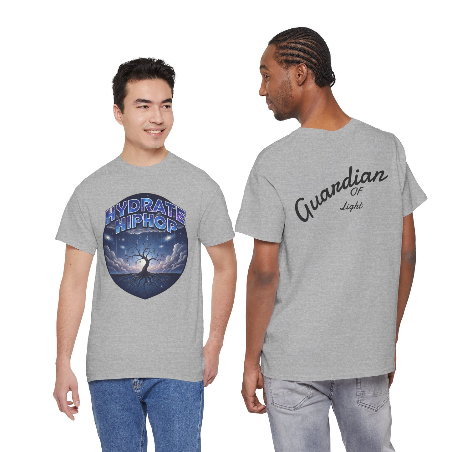 Hydrate Hip Hop Tee — 'Hydrate HipHop' Night Sky Graphic T-Shirt (Guardian of Light on Back)