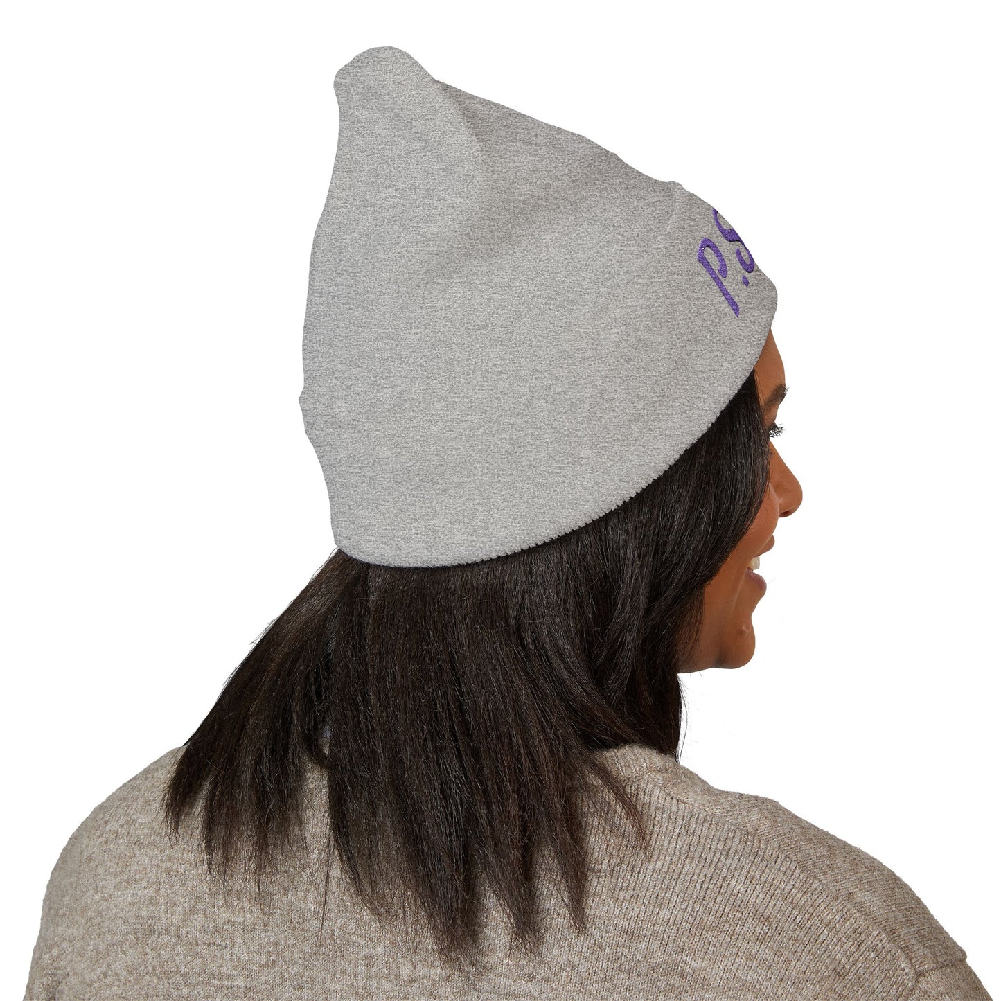 P.S.Y.C. Embroidered Cuffed Beanie — Purple Lettering Winter Hat