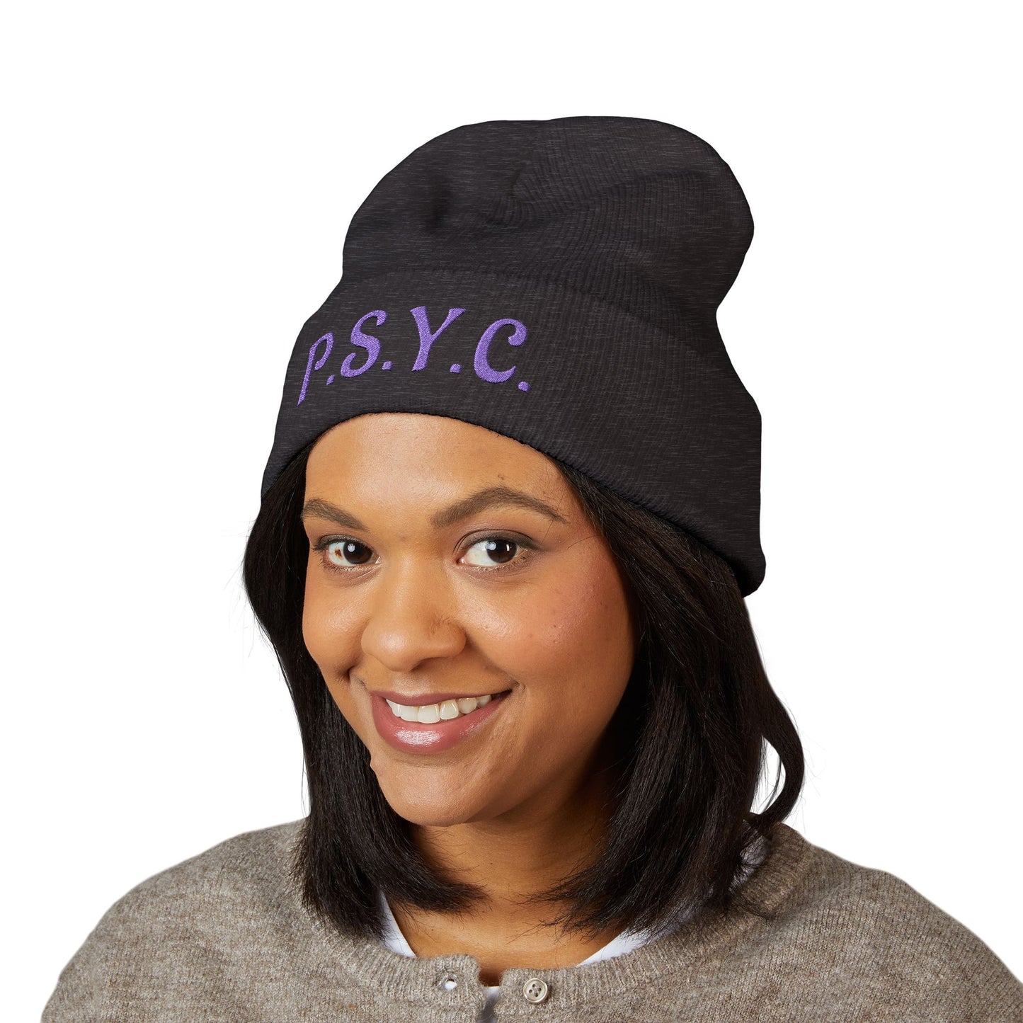 P.S.Y.C. Embroidered Cuffed Beanie — Purple Lettering Winter Hat