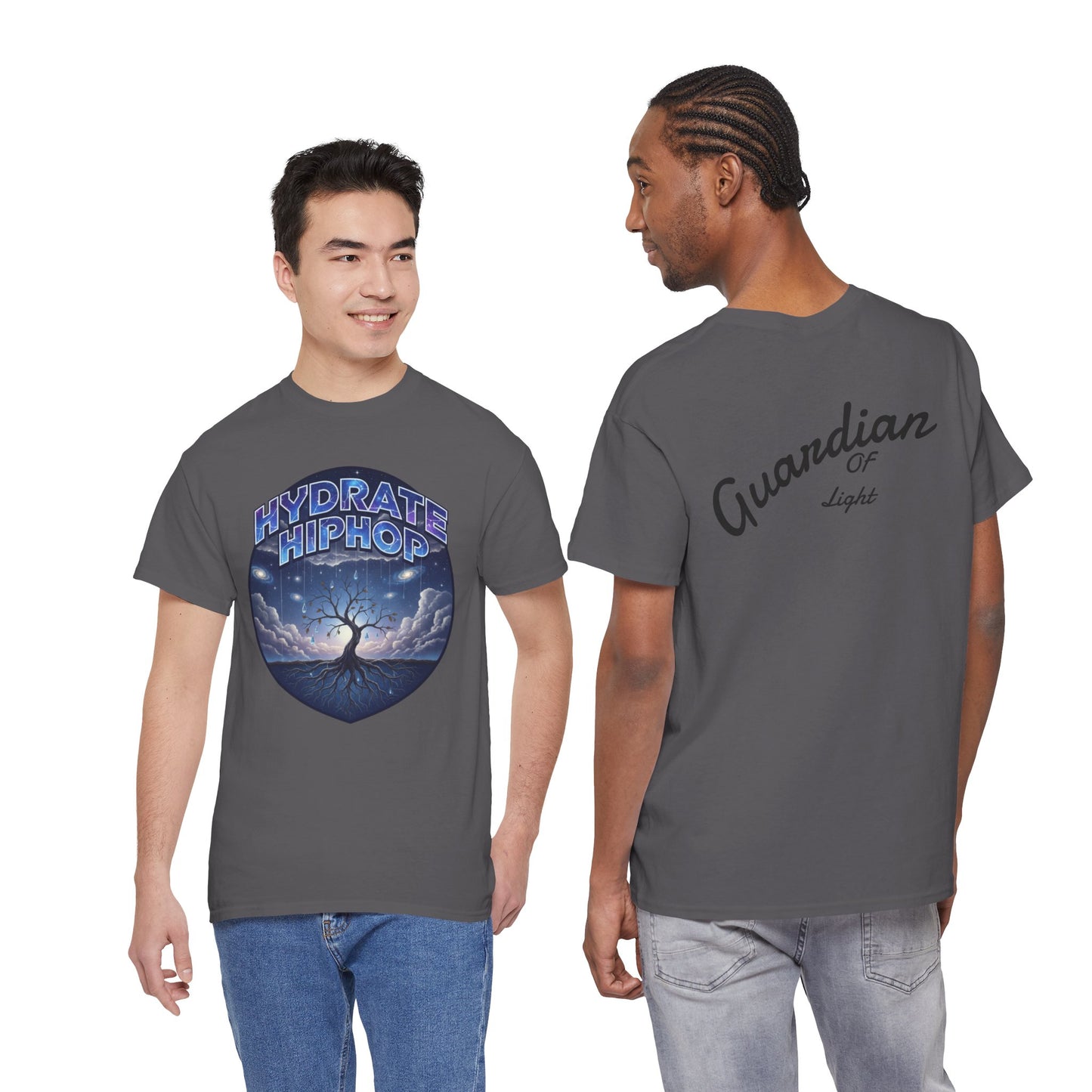 Hydrate Hip Hop Tee — 'Hydrate HipHop' Night Sky Graphic T-Shirt (Guardian of Light on Back)