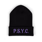 P.S.Y.C. Embroidered Cuffed Beanie — Purple Lettering Winter Hat