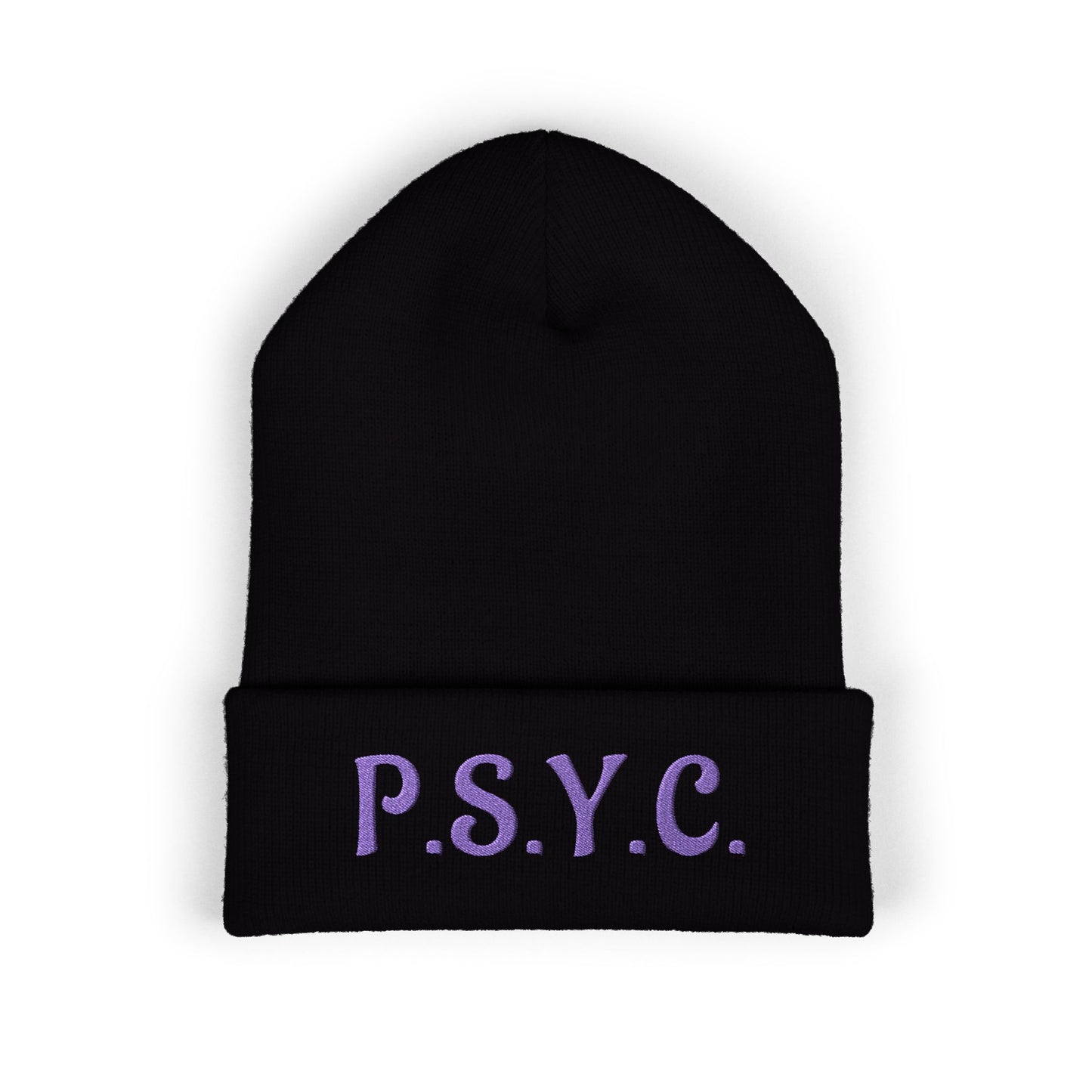 P.S.Y.C. Embroidered Cuffed Beanie — Purple Lettering Winter Hat