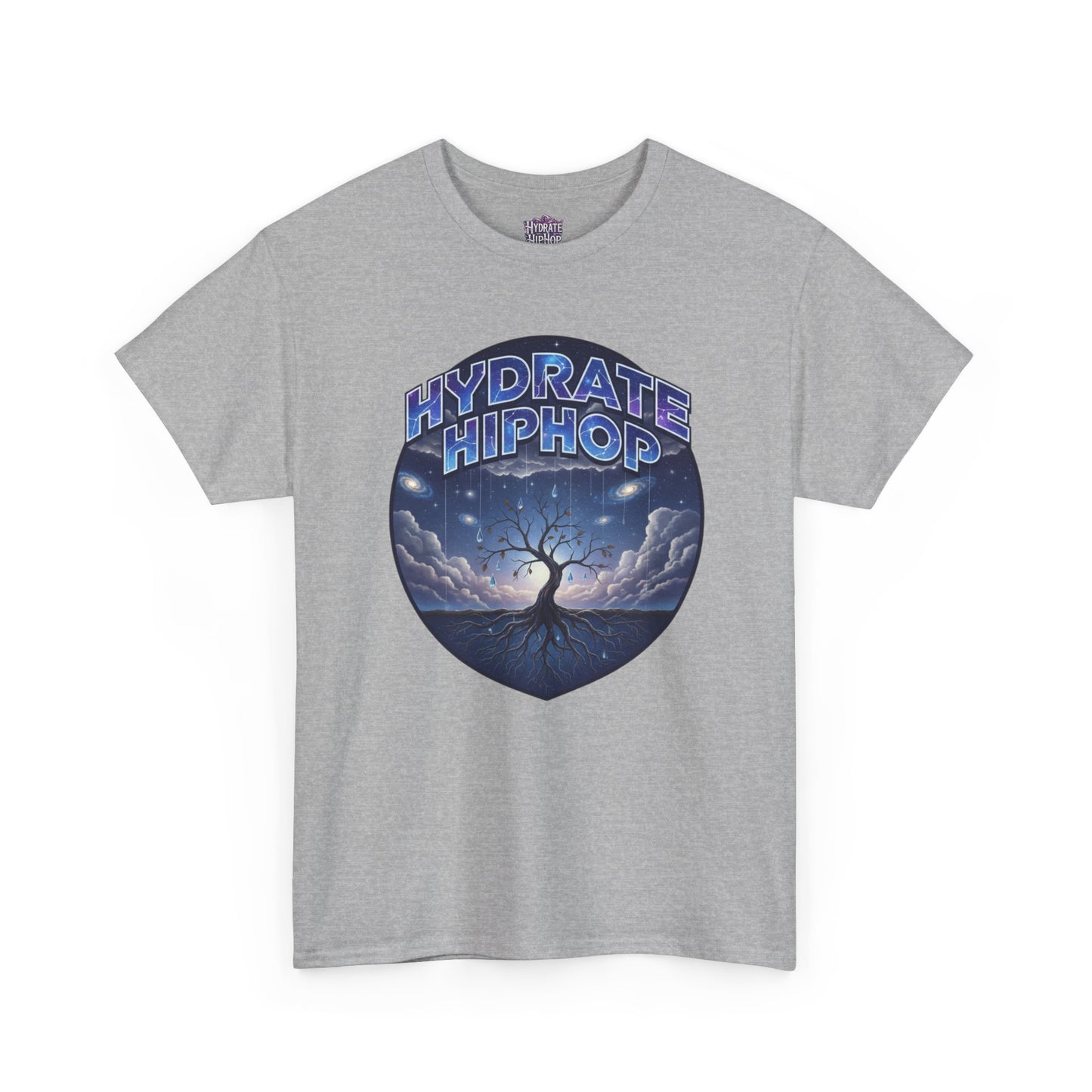 Hydrate Hip Hop Tee — 'Hydrate HipHop' Night Sky Graphic T-Shirt (Guardian of Light on Back)