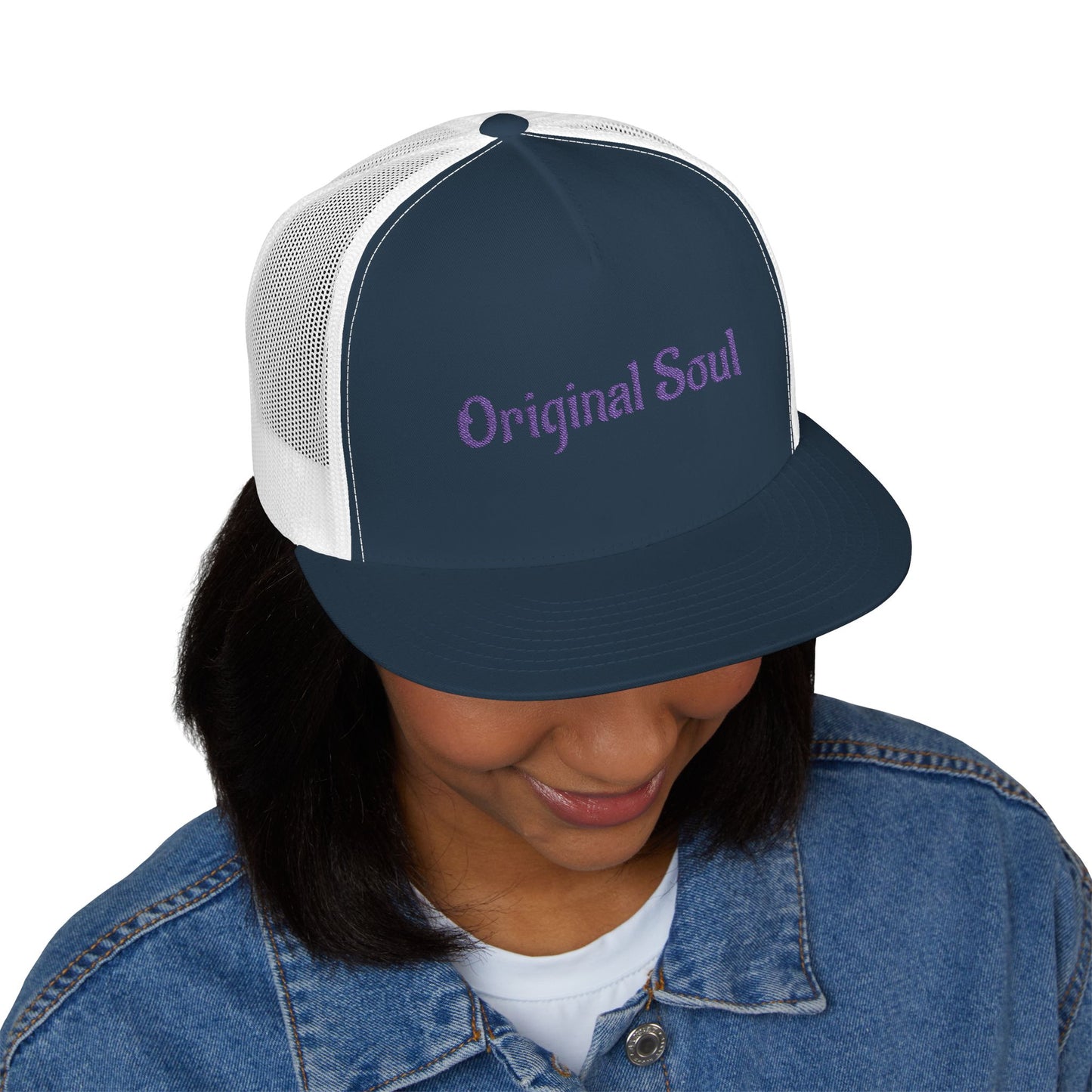 Original Soul Trucker Cap — Embroidered Purple Script Mesh Snapback