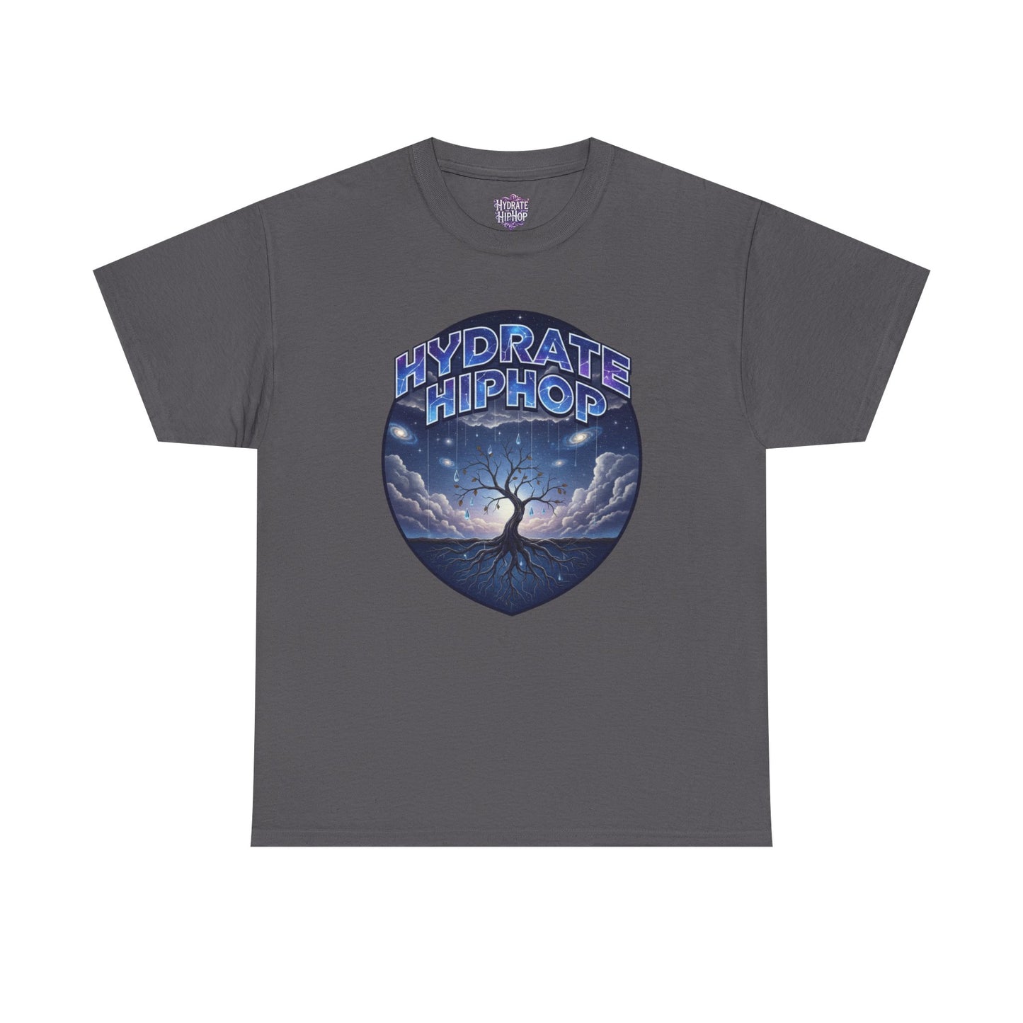 Hydrate Hip Hop Tee — 'Hydrate HipHop' Night Sky Graphic T-Shirt (Guardian of Light on Back)