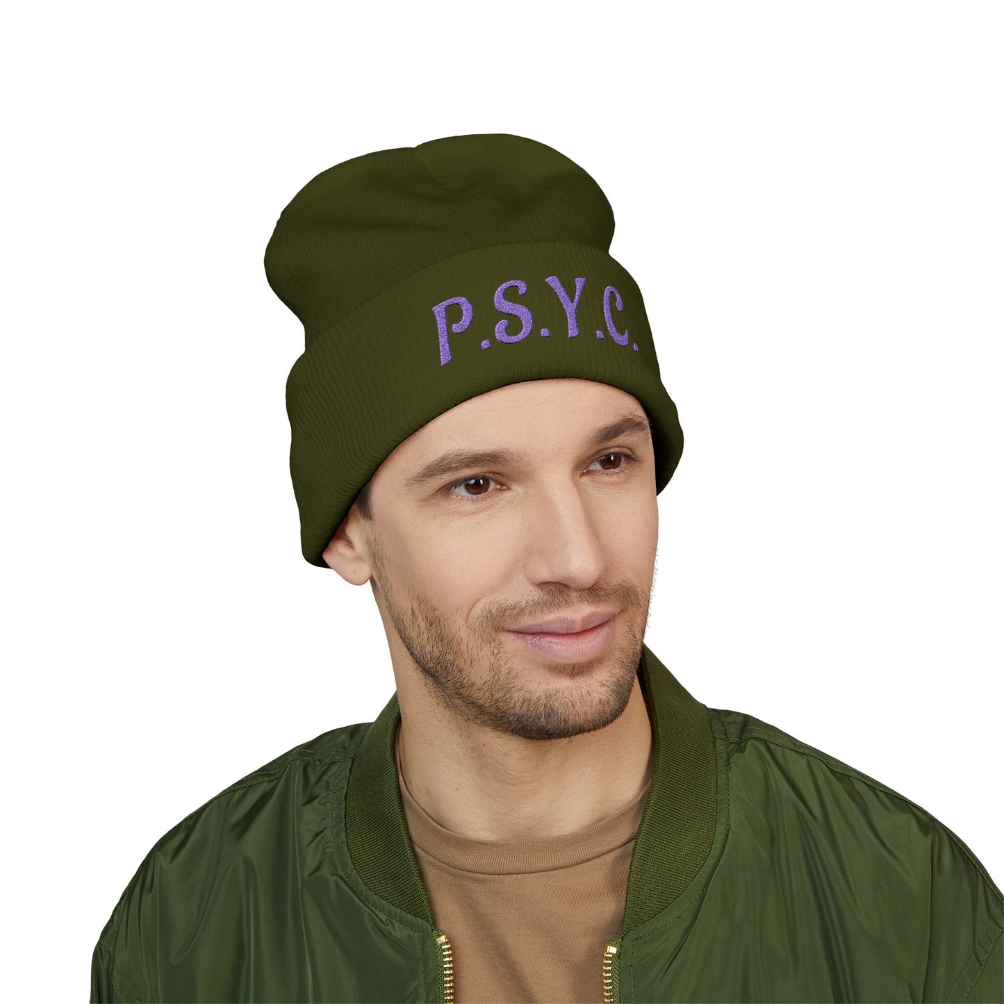 P.S.Y.C. Embroidered Cuffed Beanie — Purple Lettering Winter Hat