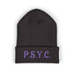 P.S.Y.C. Embroidered Cuffed Beanie — Purple Lettering Winter Hat
