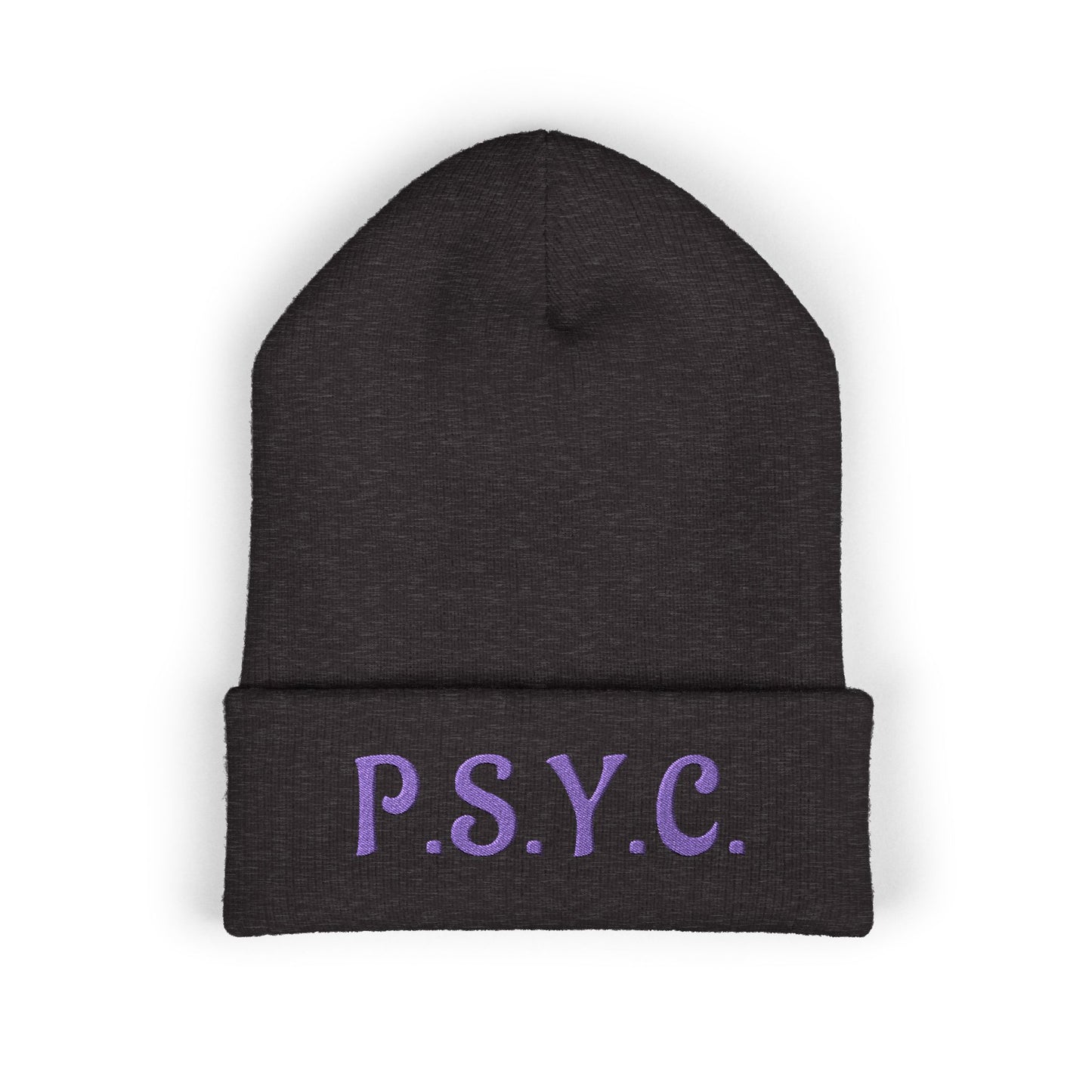 P.S.Y.C. Embroidered Cuffed Beanie — Purple Lettering Winter Hat
