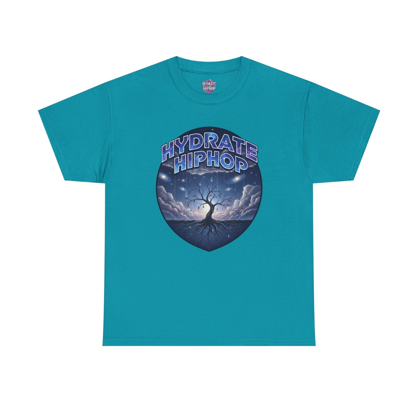 Hydrate Hip Hop Tee — 'Hydrate HipHop' Night Sky Graphic T-Shirt (Guardian of Light on Back)