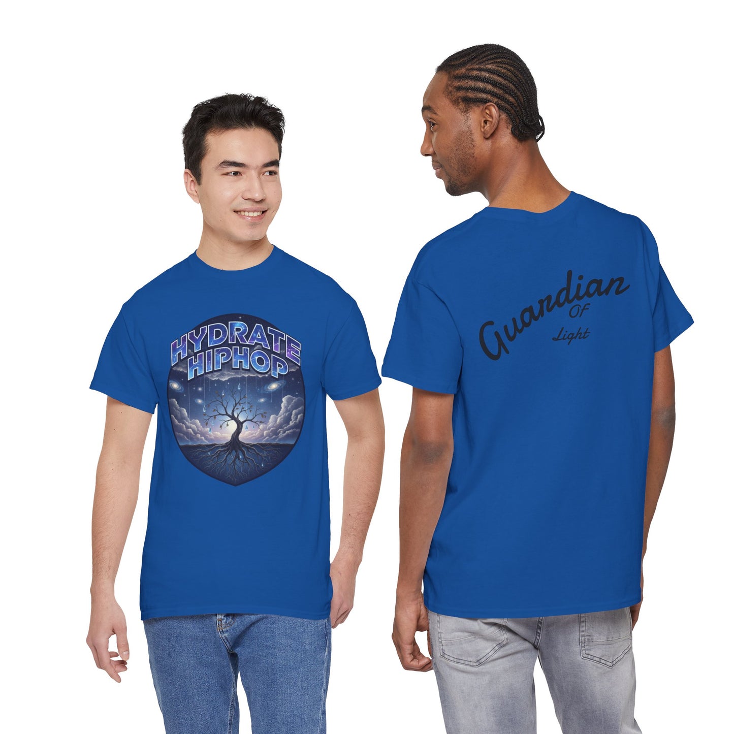Hydrate Hip Hop Tee — 'Hydrate HipHop' Night Sky Graphic T-Shirt (Guardian of Light on Back)