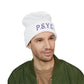 P.S.Y.C. Embroidered Cuffed Beanie — Purple Lettering Winter Hat