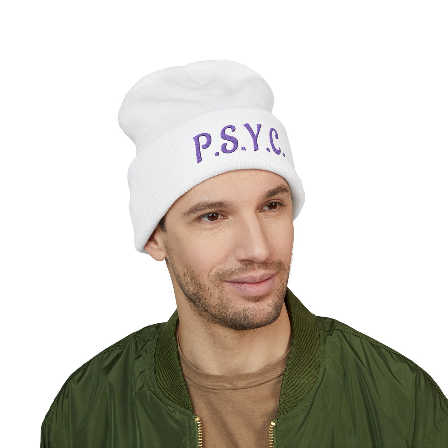 P.S.Y.C. Embroidered Cuffed Beanie — Purple Lettering Winter Hat