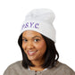 P.S.Y.C. Embroidered Cuffed Beanie — Purple Lettering Winter Hat