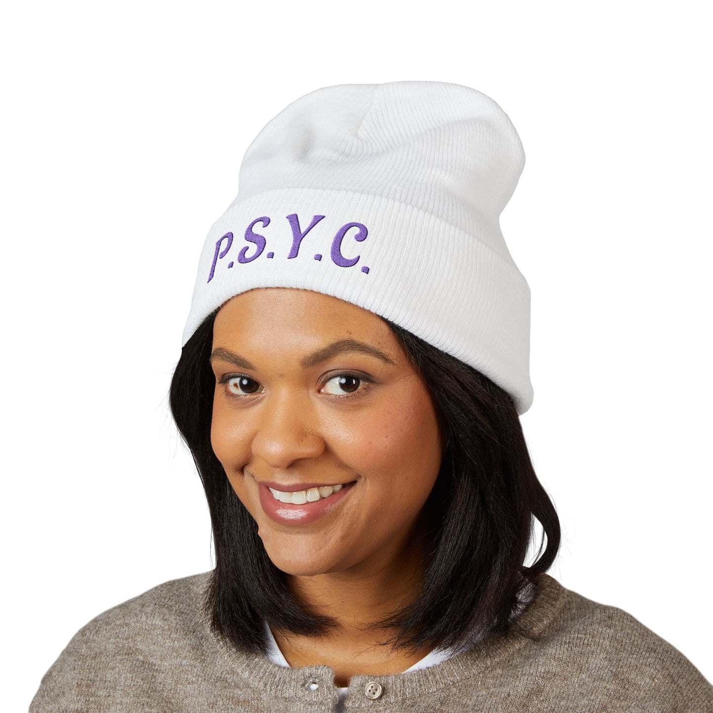 P.S.Y.C. Embroidered Cuffed Beanie — Purple Lettering Winter Hat