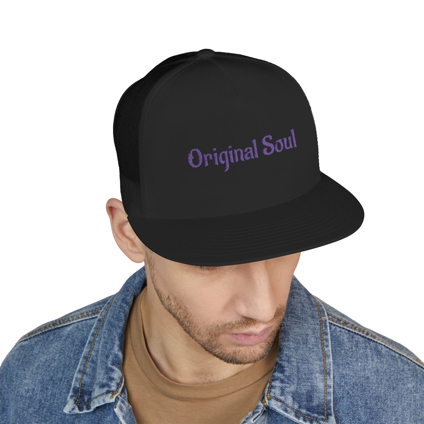 Original Soul Trucker Cap — Embroidered Purple Script Mesh Snapback