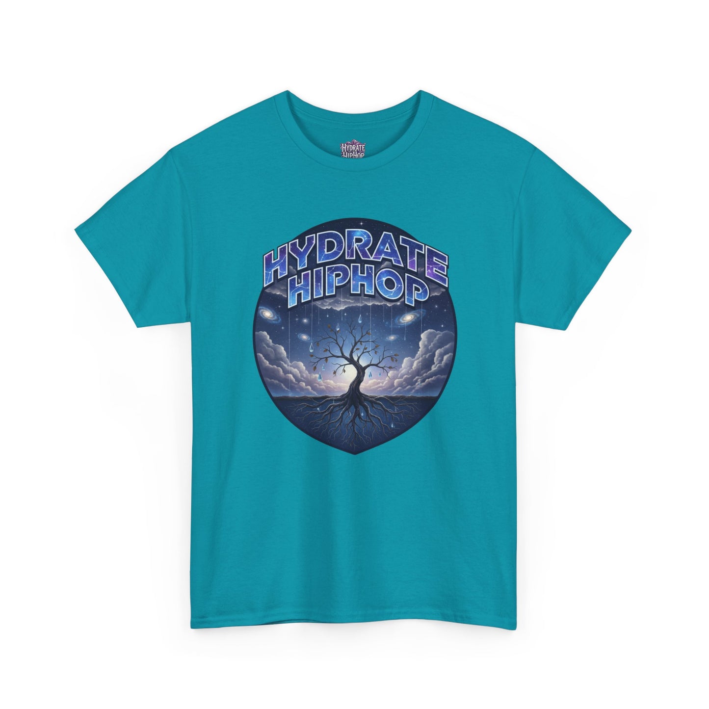 Hydrate Hip Hop Tee — 'Hydrate HipHop' Night Sky Graphic T-Shirt (Guardian of Light on Back)