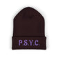 P.S.Y.C. Embroidered Cuffed Beanie — Purple Lettering Winter Hat