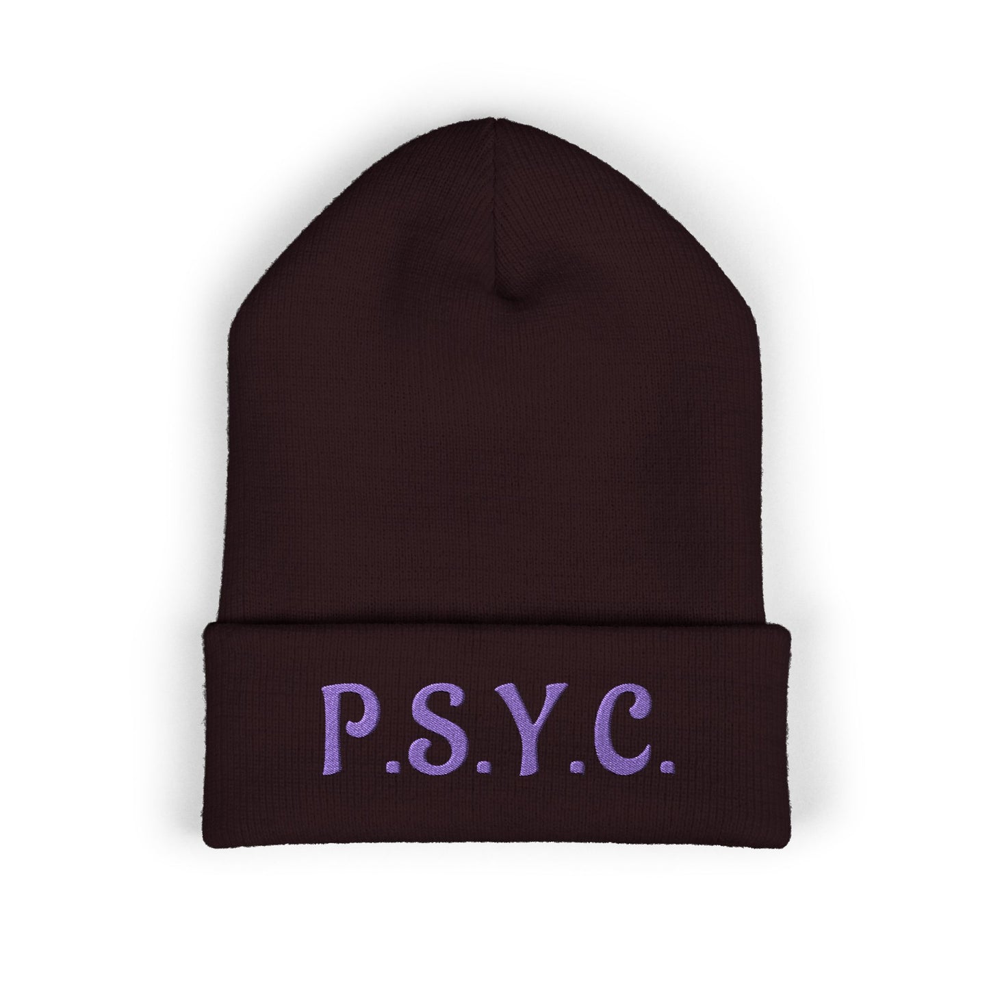 P.S.Y.C. Embroidered Cuffed Beanie — Purple Lettering Winter Hat