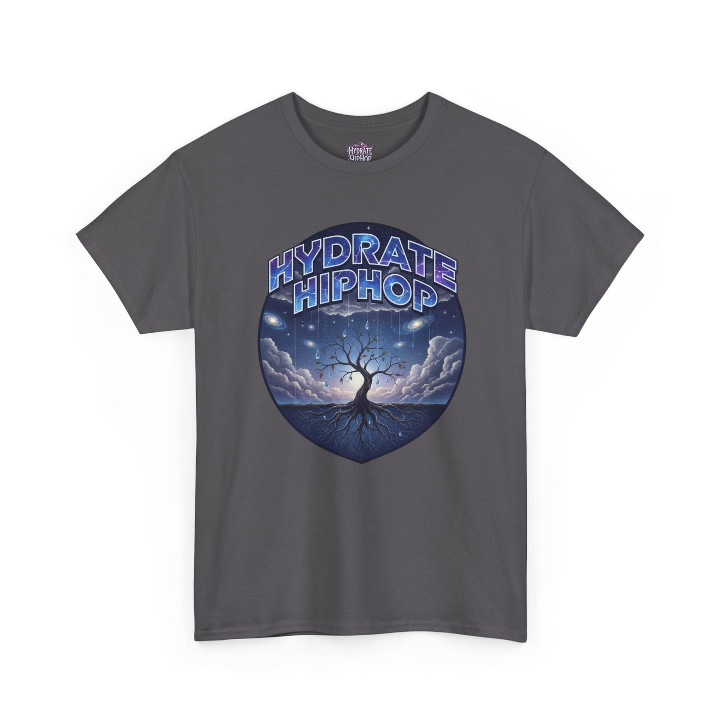 Hydrate Hip Hop Tee — 'Hydrate HipHop' Night Sky Graphic T-Shirt (Guardian of Light on Back)