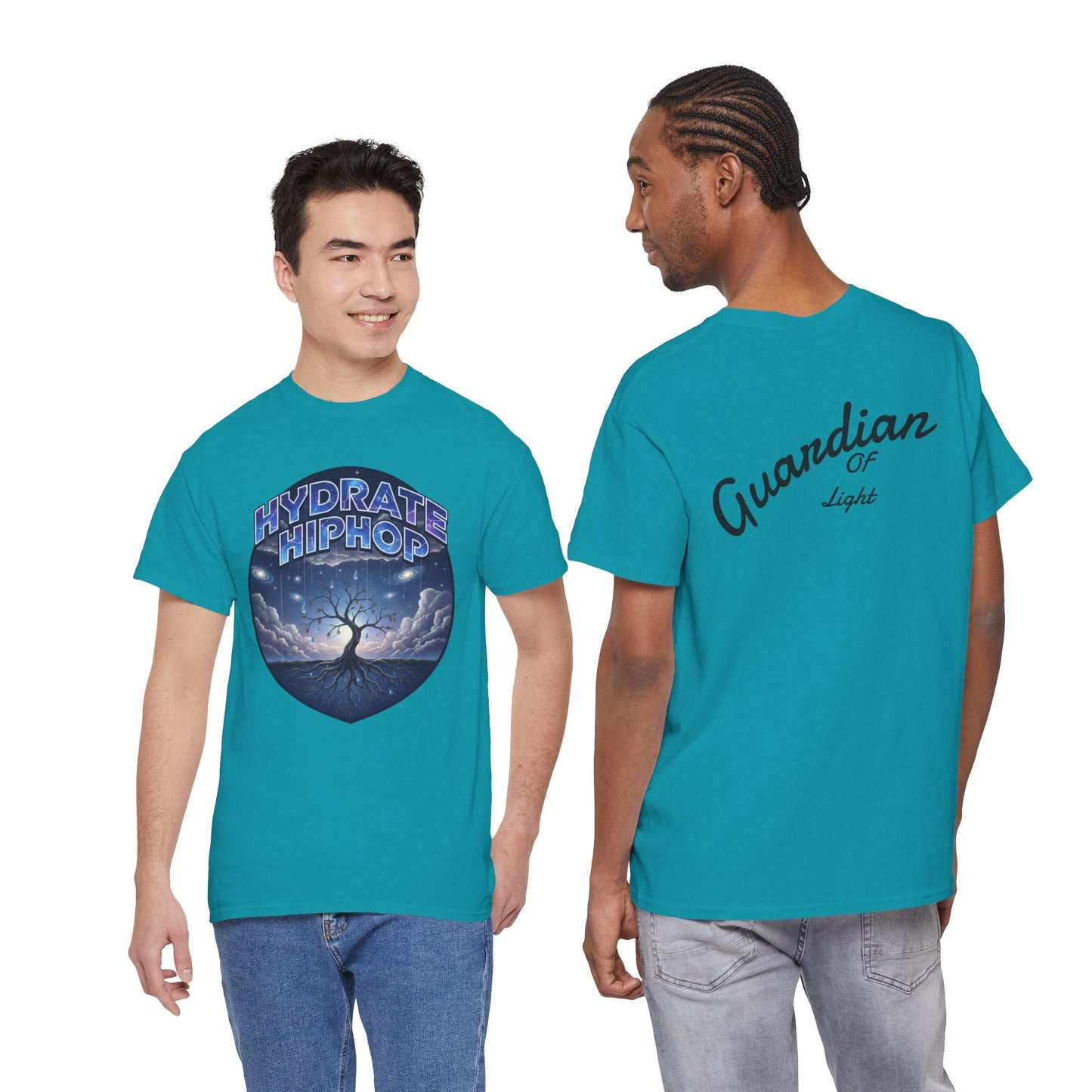 Hydrate Hip Hop Tee — 'Hydrate HipHop' Night Sky Graphic T-Shirt (Guardian of Light on Back)