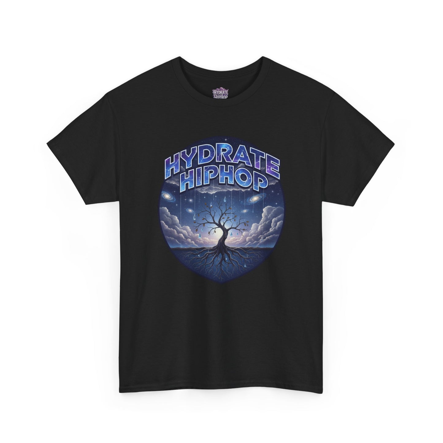 Hydrate Hip Hop Tee — 'Hydrate HipHop' Night Sky Graphic T-Shirt (Guardian of Light on Back)