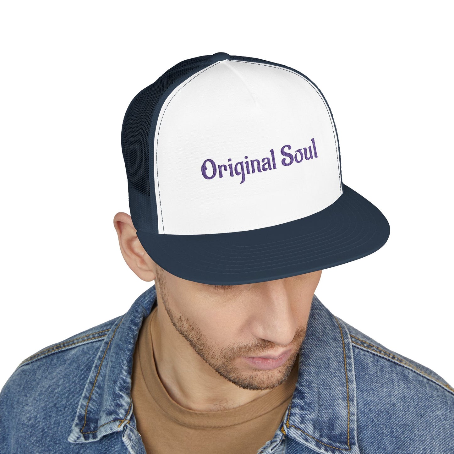 Original Soul Trucker Cap — Embroidered Purple Script Mesh Snapback