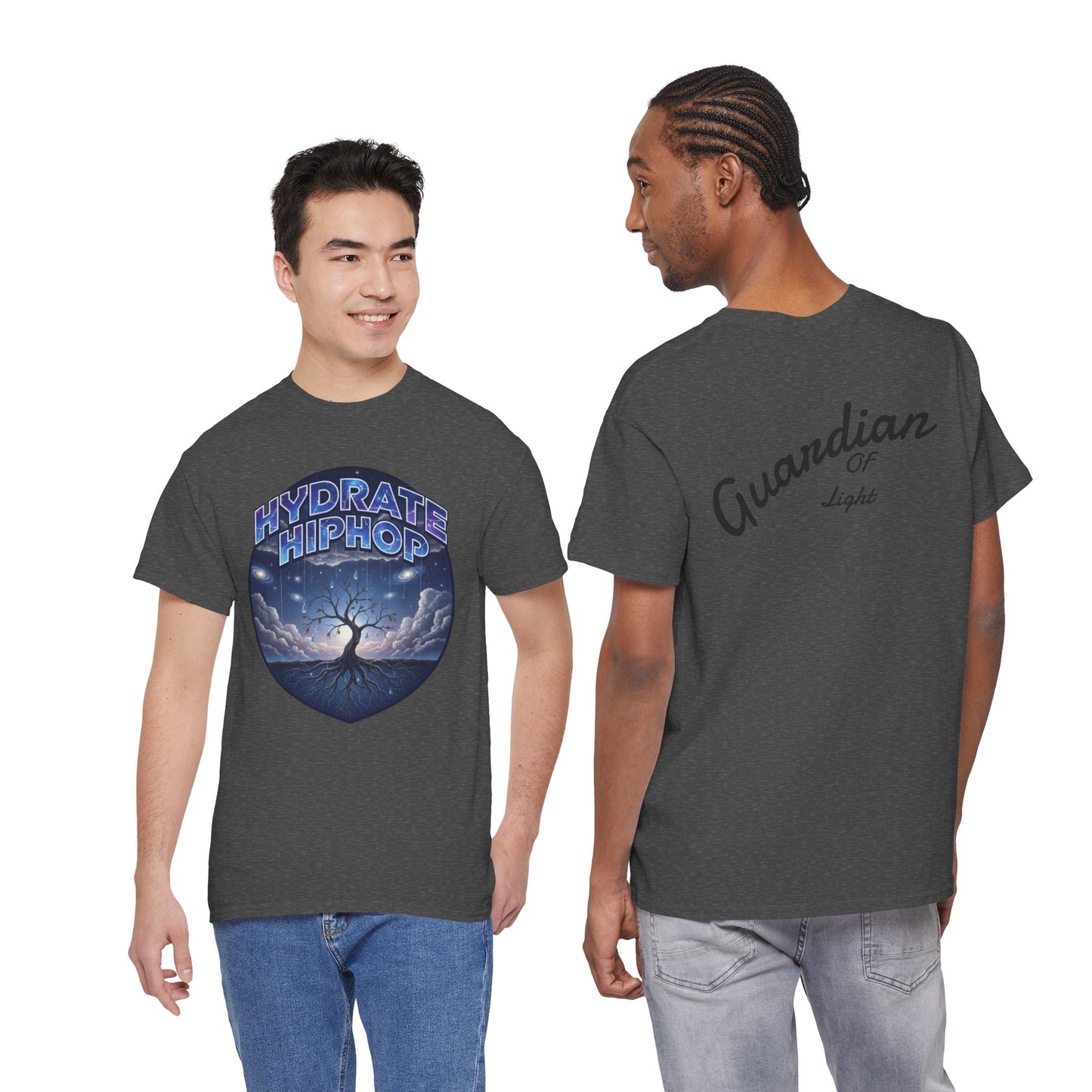 Hydrate Hip Hop Tee — 'Hydrate HipHop' Night Sky Graphic T-Shirt (Guardian of Light on Back)
