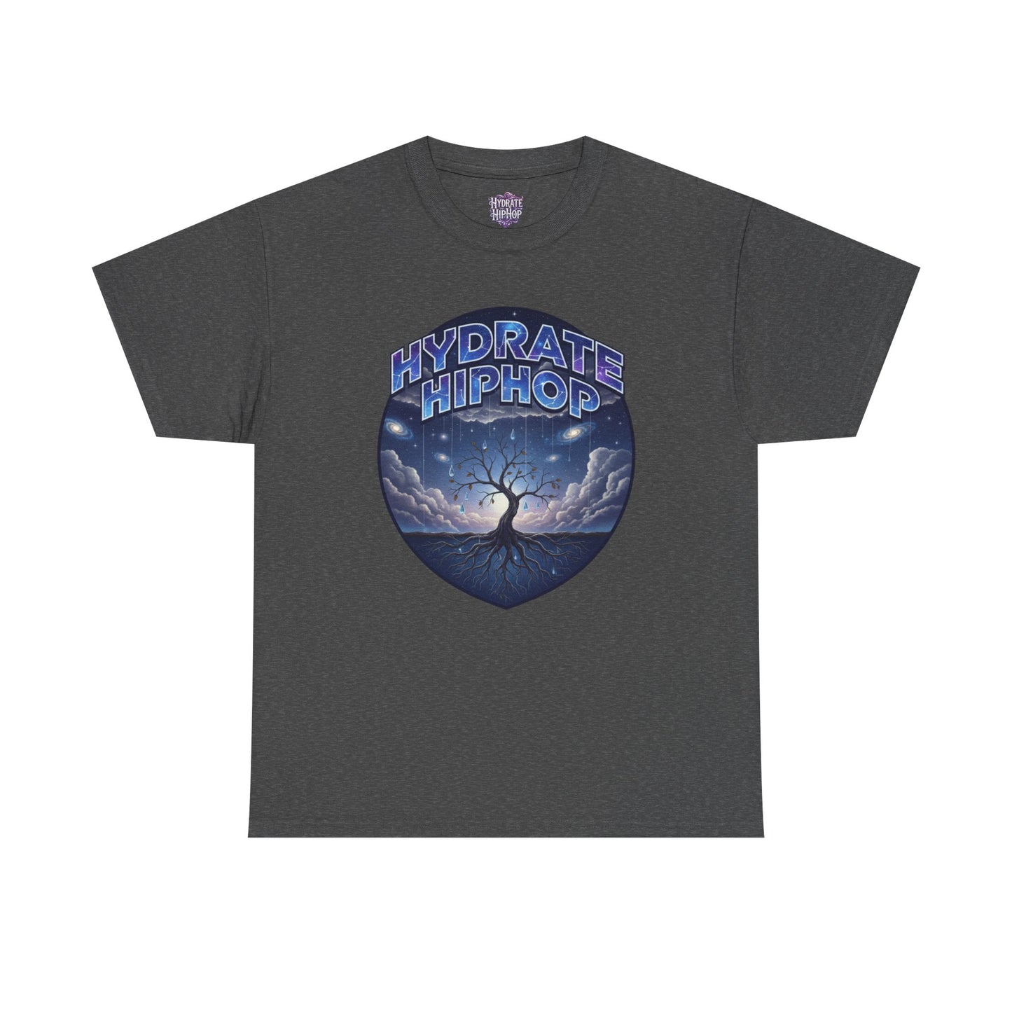 Hydrate Hip Hop Tee — 'Hydrate HipHop' Night Sky Graphic T-Shirt (Guardian of Light on Back)