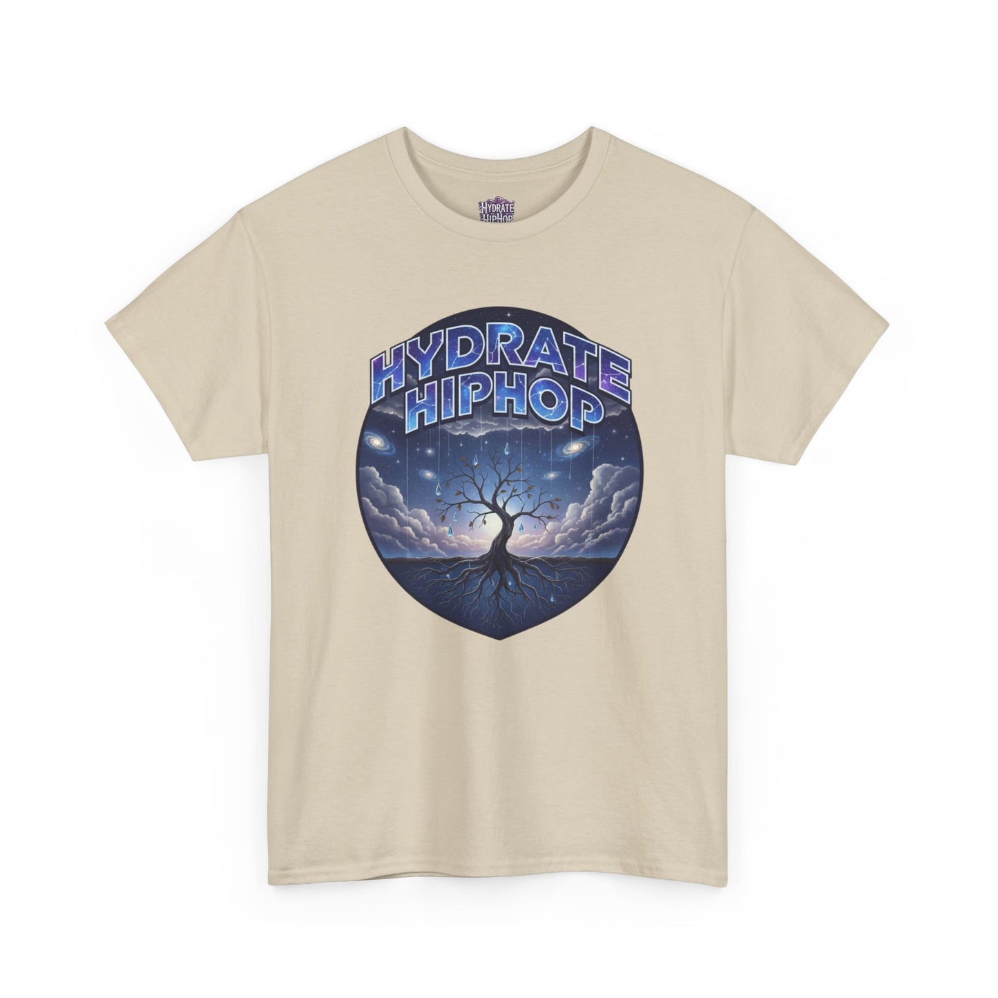 Hydrate Hip Hop Tee — 'Hydrate HipHop' Night Sky Graphic T-Shirt (Guardian of Light on Back)
