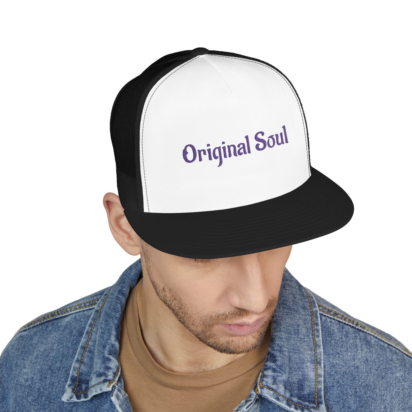 Original Soul Trucker Cap — Embroidered Purple Script Mesh Snapback