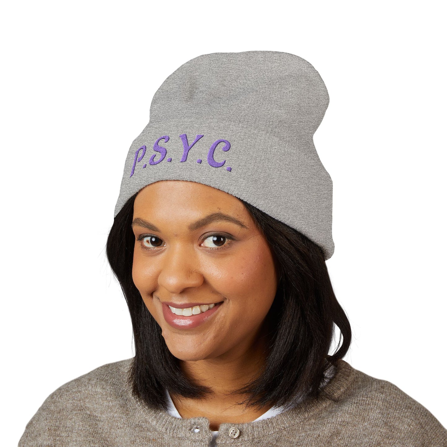 P.S.Y.C. Embroidered Cuffed Beanie — Purple Lettering Winter Hat