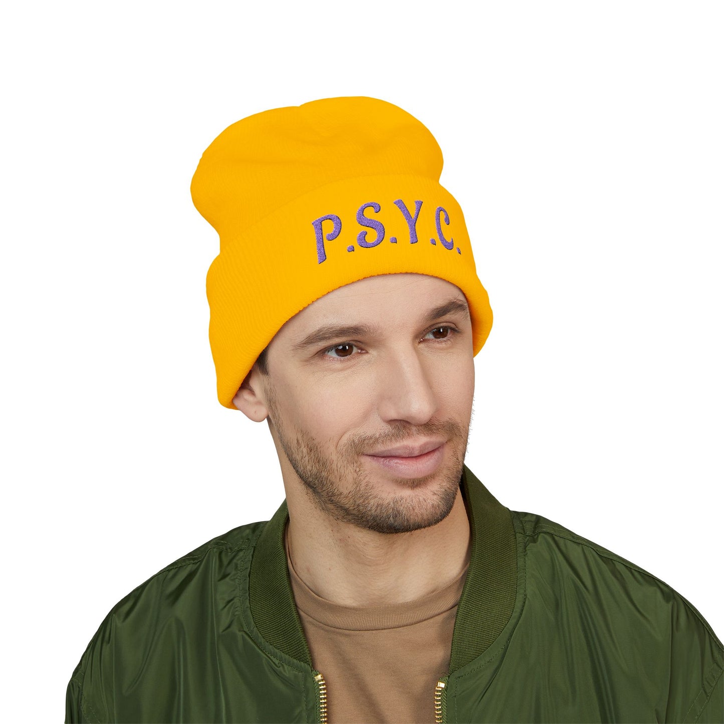 P.S.Y.C. Embroidered Cuffed Beanie — Purple Lettering Winter Hat