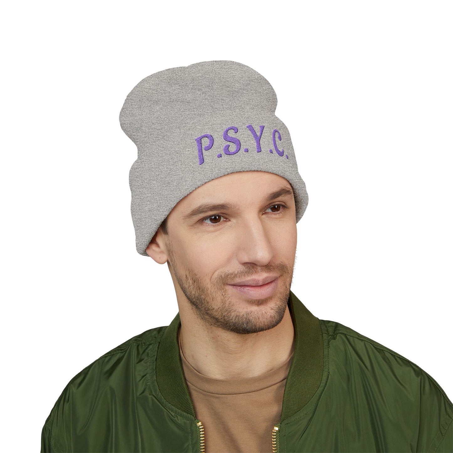 P.S.Y.C. Embroidered Cuffed Beanie — Purple Lettering Winter Hat