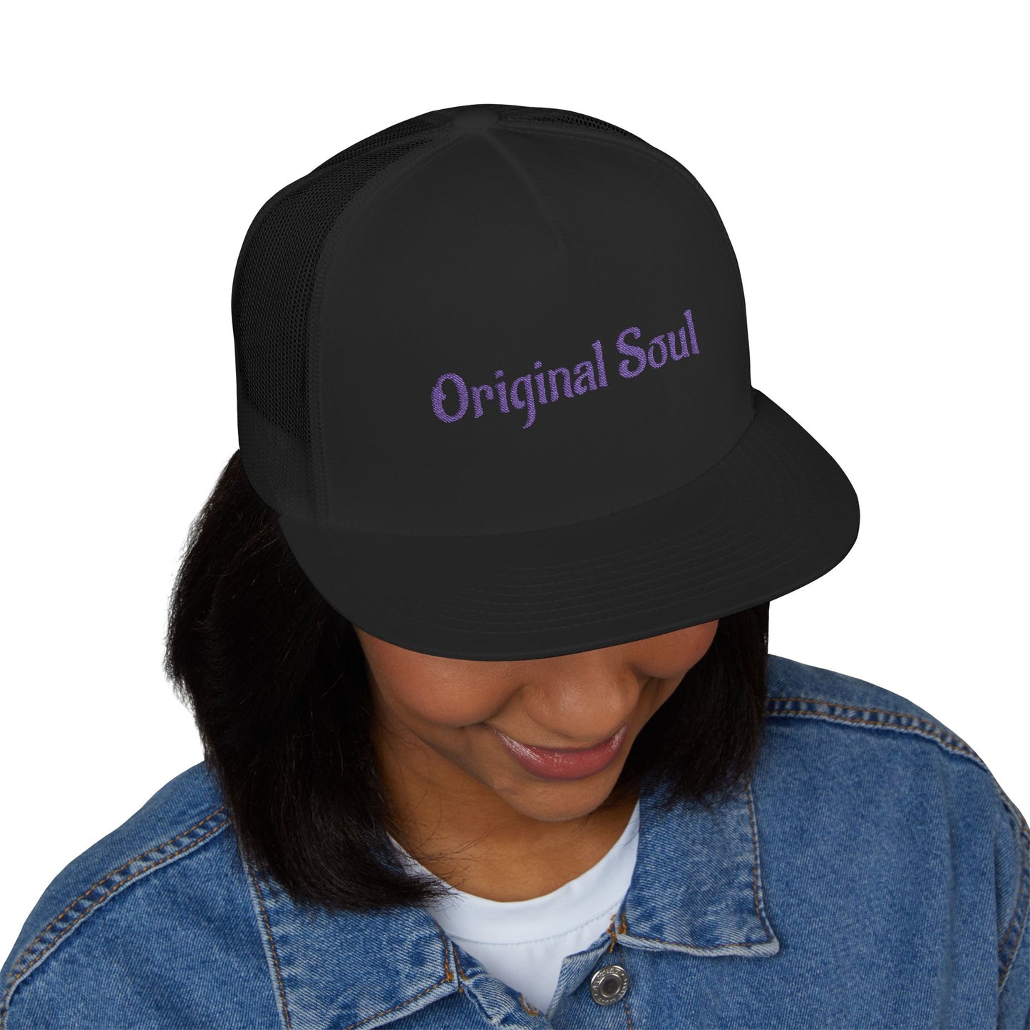 Original Soul Trucker Cap — Embroidered Purple Script Mesh Snapback