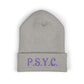 P.S.Y.C. Embroidered Cuffed Beanie — Purple Lettering Winter Hat