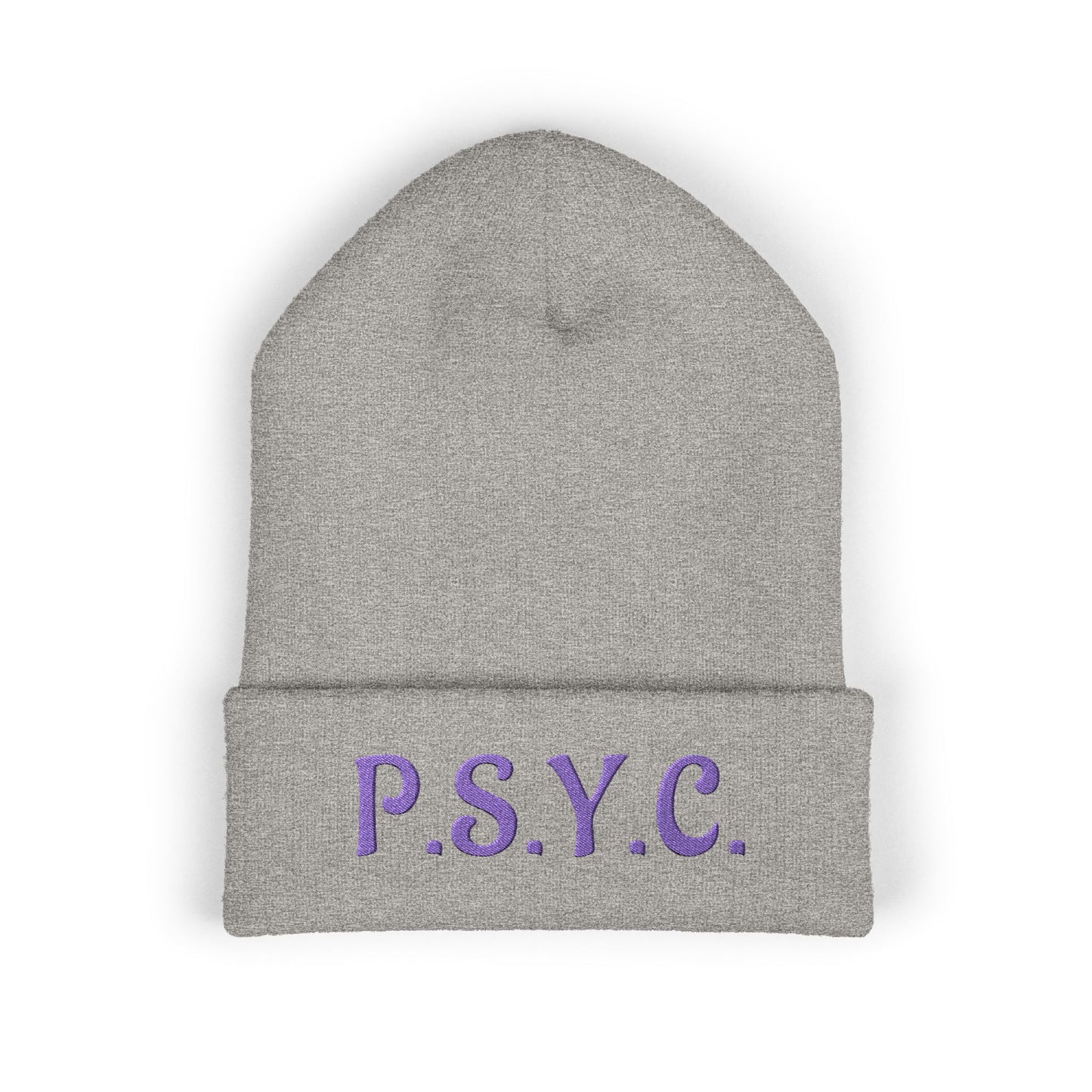 P.S.Y.C. Embroidered Cuffed Beanie — Purple Lettering Winter Hat