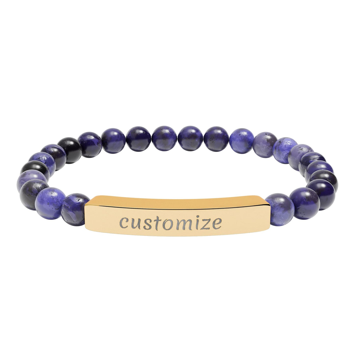 Custom Engraved Natural Stone Bar Bracelet — Personalized Stretch Beaded Bracelet