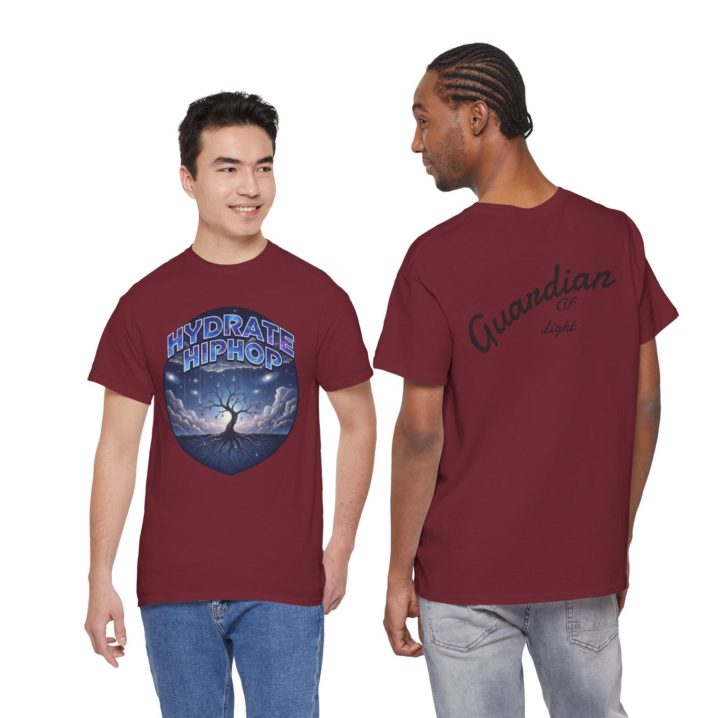 Hydrate Hip Hop Tee — 'Hydrate HipHop' Night Sky Graphic T-Shirt (Guardian of Light on Back)