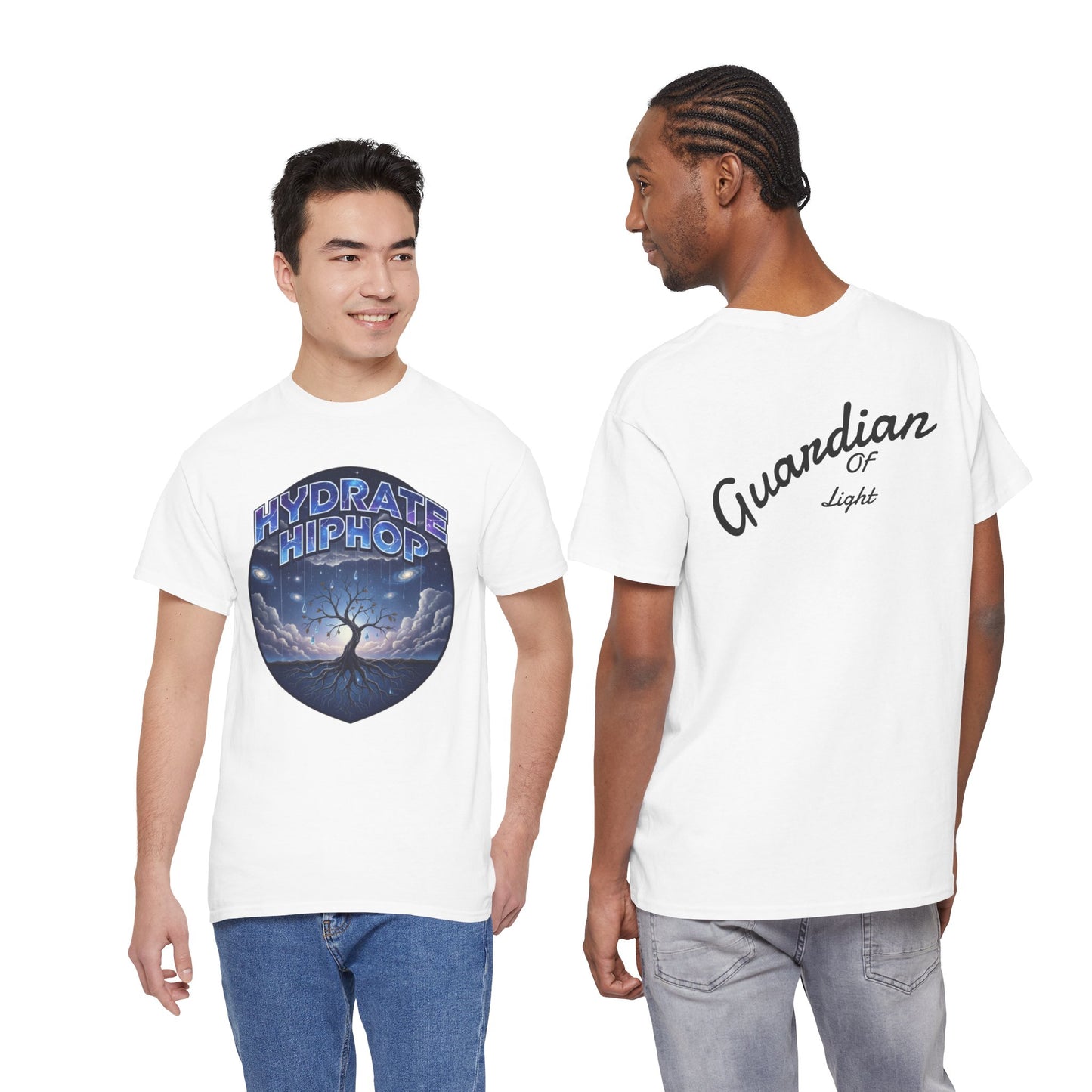 Hydrate Hip Hop Tee — 'Hydrate HipHop' Night Sky Graphic T-Shirt (Guardian of Light on Back)